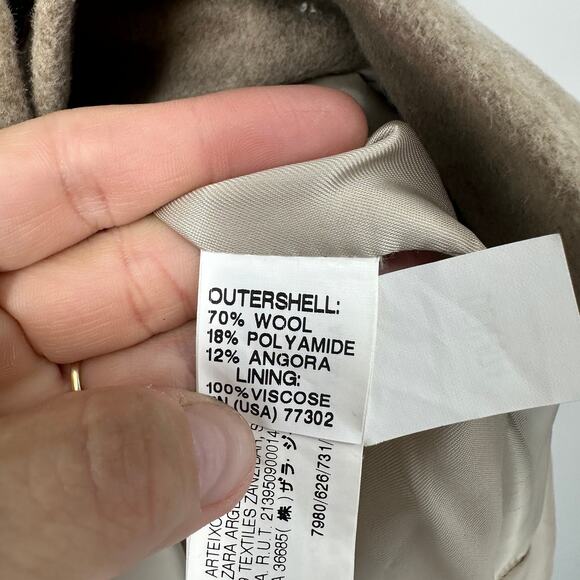 Zara wool parka coat size small tan knit sweater details full zip long high neck - Picture 6 of 8